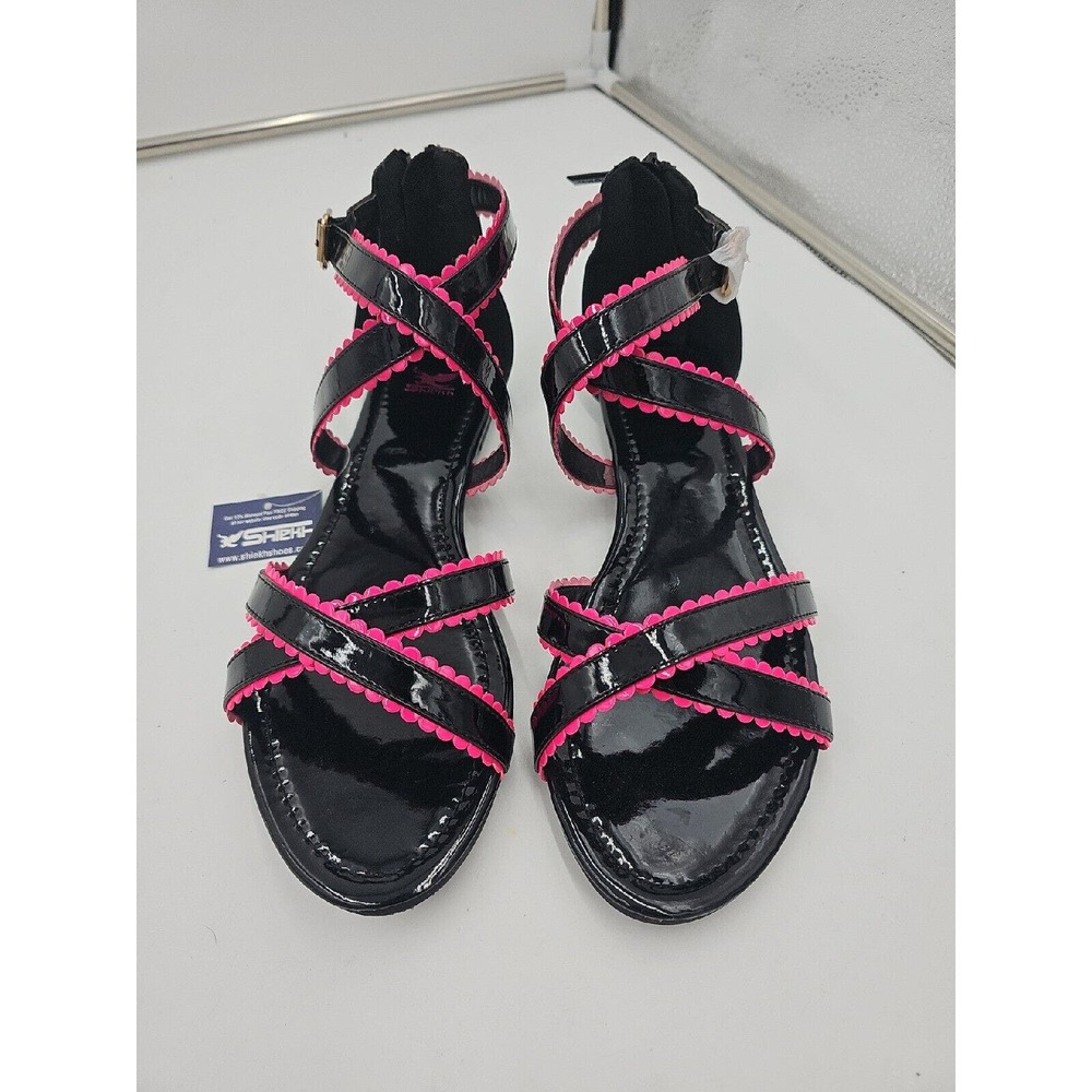 Flat Strappy Closed Sandals Patent PU By Shiekh Size US8 Black/Fuchsia